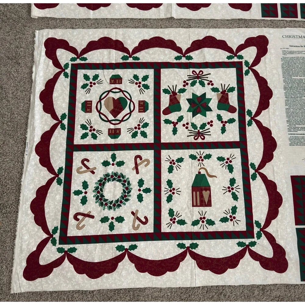 Vtg Wamsutta Christmas Sampler Fabric Panel Cheater Quilt Wall Hanging Uncut 2PC